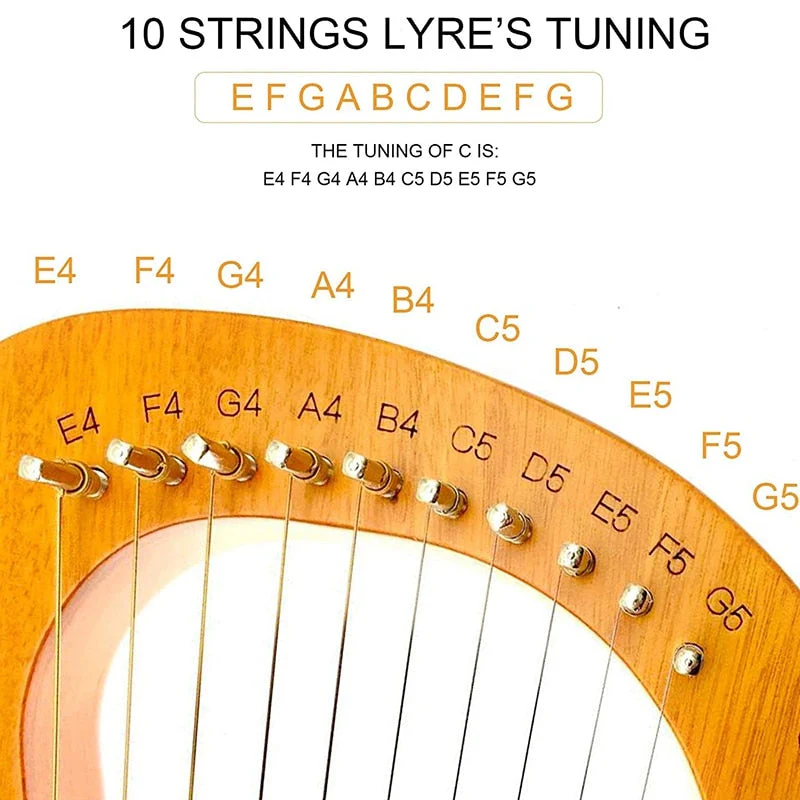 10 String Lyre Harp Mahogany + Bag & Tuning Tool - Image 9