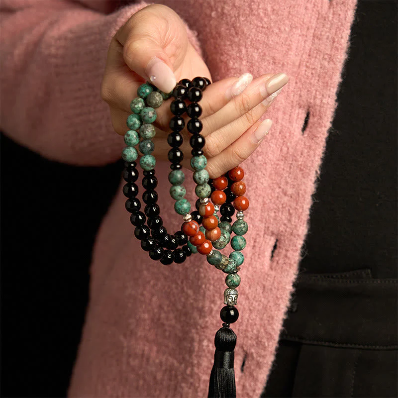 108 Bead Black Onyx Red Jasper Turquoise Gemstone Mala Bracelet - Image 4