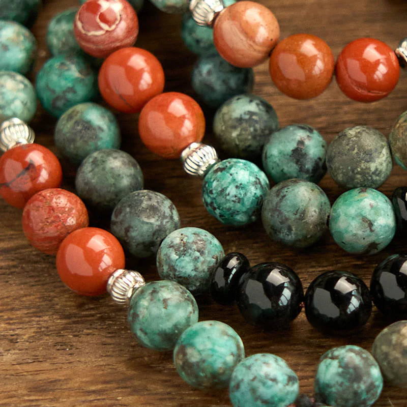 108 Bead Black Onyx Red Jasper Turquoise Gemstone Mala Bracelet - Image 5