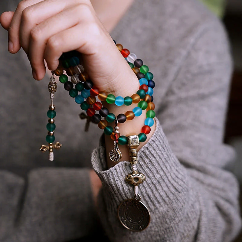 108 Bead Liuli Glass Mala Bracelet with Chinese Zodiac Charms - Image 10