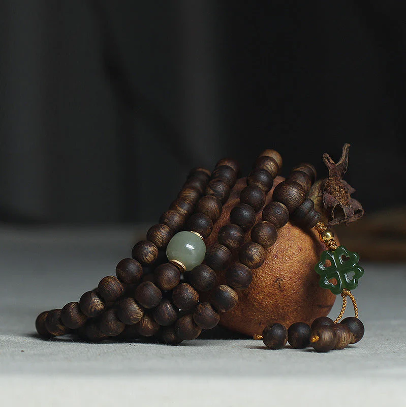 108 Beads Wood Mala Bracelet Agarwood Jade 999 Gold Peace