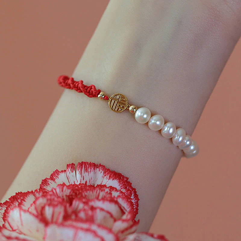 14K Gold Plated Pearl Luck Protection Red String Bracelet - Image 14