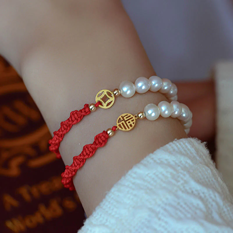 14K Gold Plated Pearl Luck Protection Red String Bracelet - Image 5