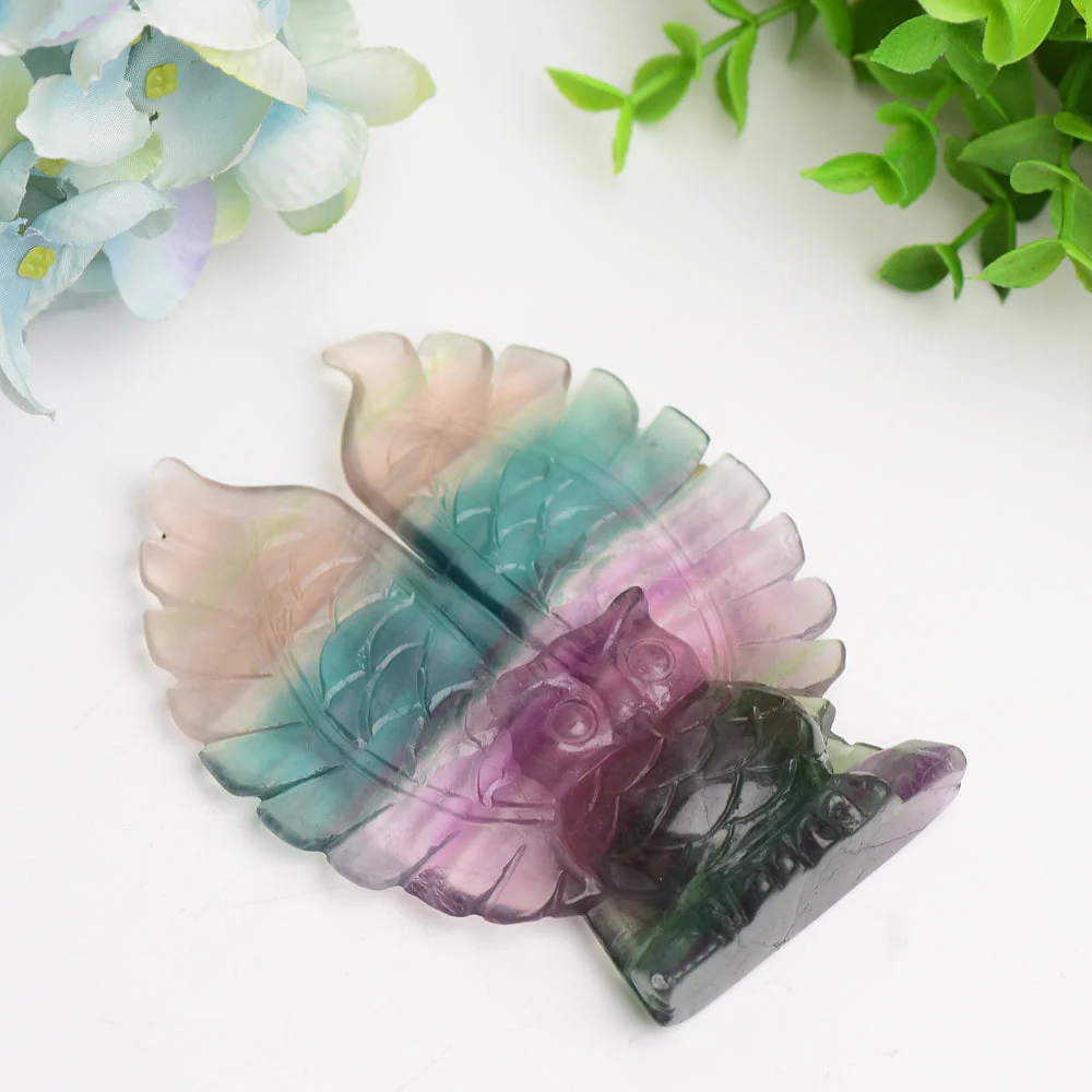 4.4" Rainbow Fluorite Hand-Carved Crystal Owl Figurine - Image 3