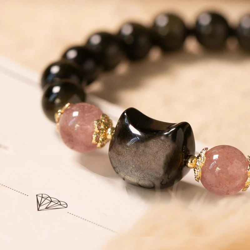 Black Obsidian Cat Head Wisdom & Strength Bracelet - 8mm - Image 3