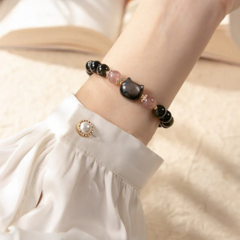 Black Obsidian Cat Head Wisdom & Strength Bracelet - 8mm - Image 4