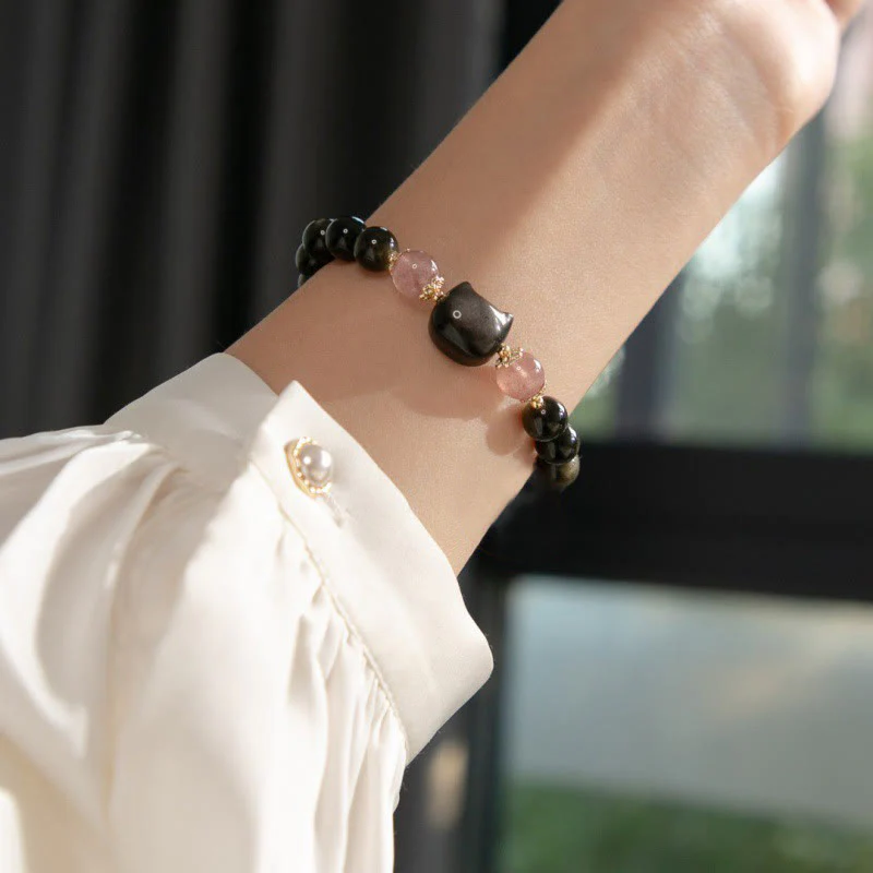 Black Obsidian Cat Head Wisdom & Strength Bracelet - 8mm - Image 5