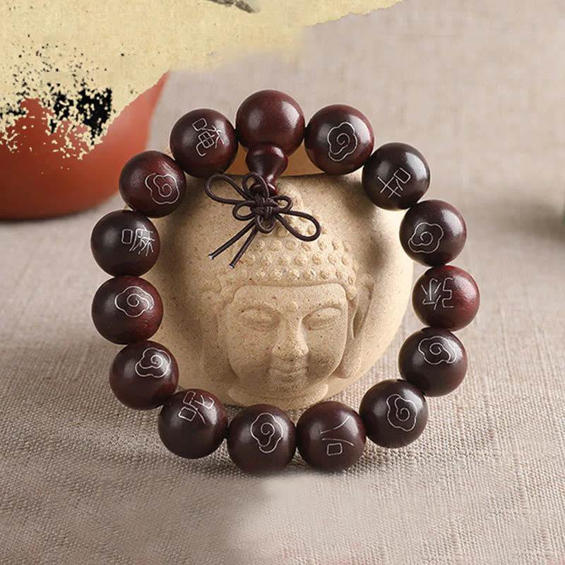 8mm Small Leaf Red Sandalwood Om Mani Padme Hum Bracelet - Image 11