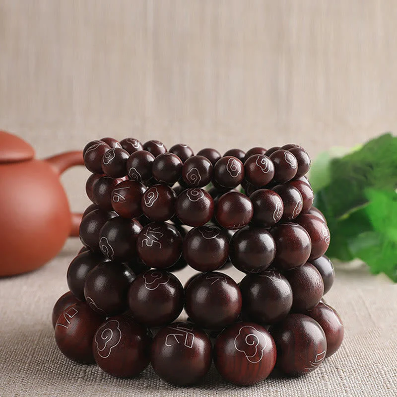8mm Small Leaf Red Sandalwood Om Mani Padme Hum Bracelet - Image 19