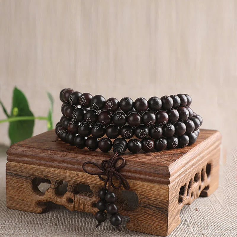 8mm Small Leaf Red Sandalwood Om Mani Padme Hum Bracelet - Image 2