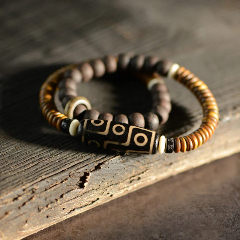 9-Eye Dzi Bead Ebony Wood Spiritual Double Wrap Bracelet - Image 4