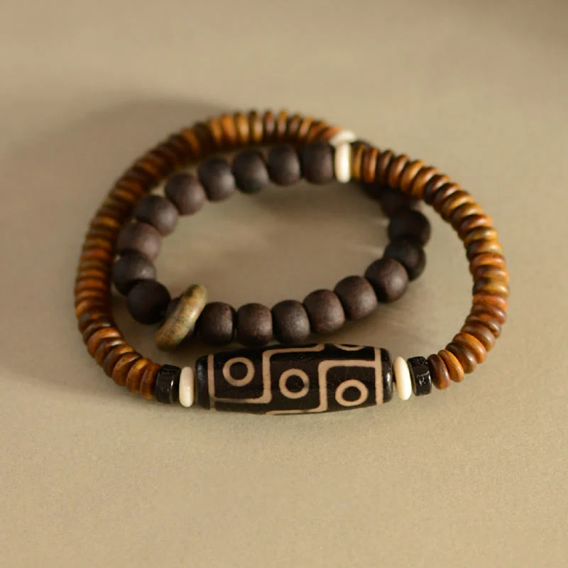 9-Eye Dzi Bead Ebony Wood Spiritual Double Wrap Bracelet - Image 5