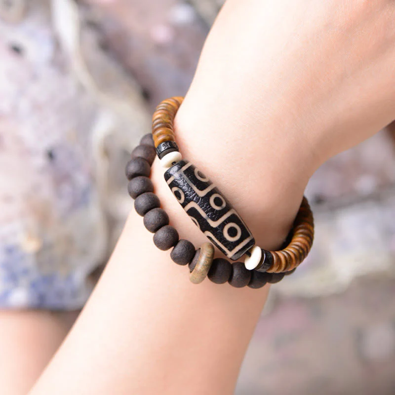 9-Eye Dzi Bead Ebony Wood Spiritual Double Wrap Bracelet - Image 6