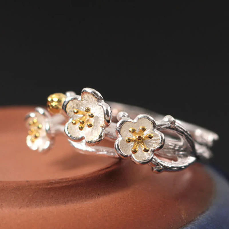 925 Sterling Silver Plum Blossom Calm Ring for Women - Image 3