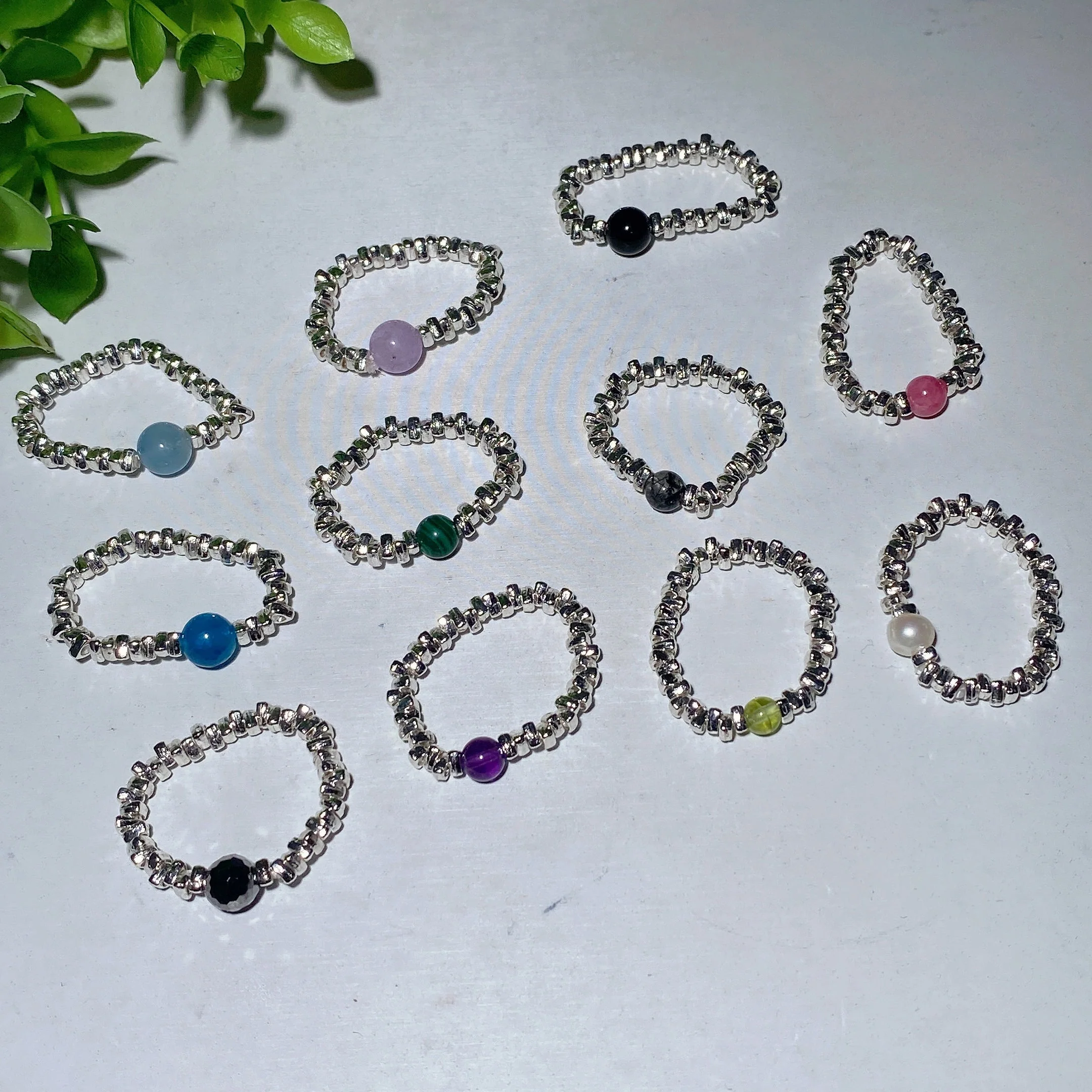 Adjustable Silver Crystal Healing Ring with Gemstone Chips - Image 3