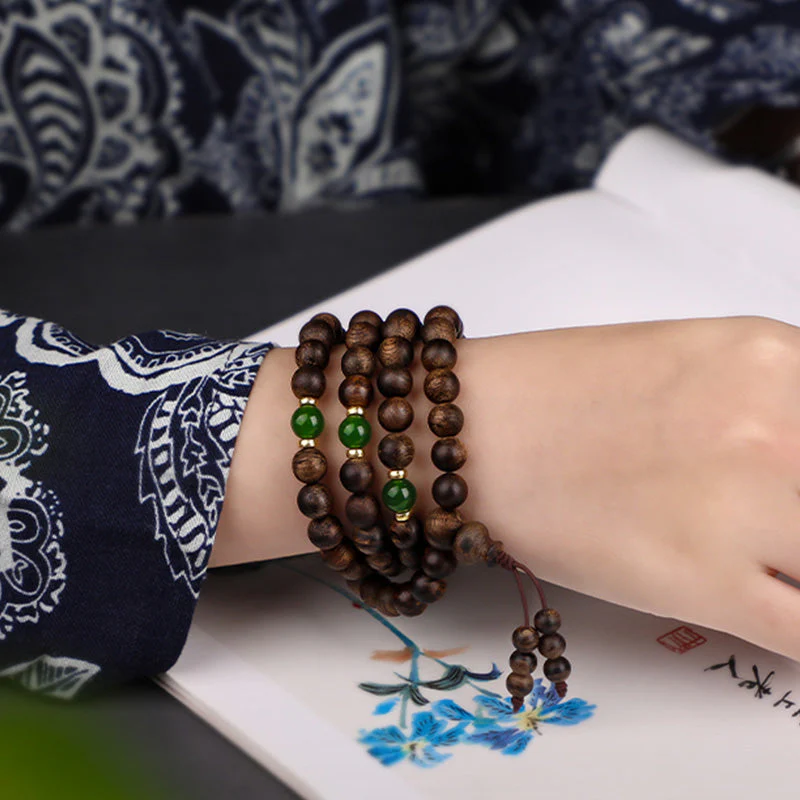 108 Beads Agarwood Cyan Jade Wood Mala Bracelet for Protection - Image 5