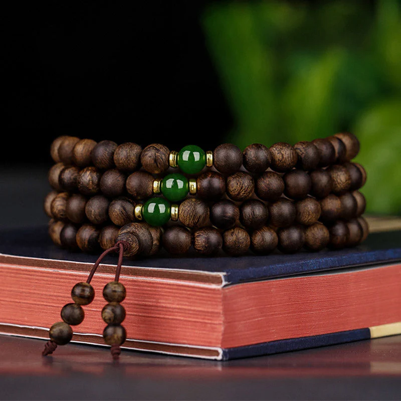 108 Beads Agarwood Cyan Jade Wood Mala Bracelet for Protection - Image 8