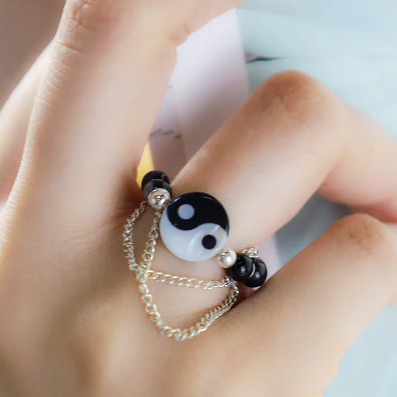Adjustable Agate Yin Yang Symbol Balance Luck Ring - Image 3