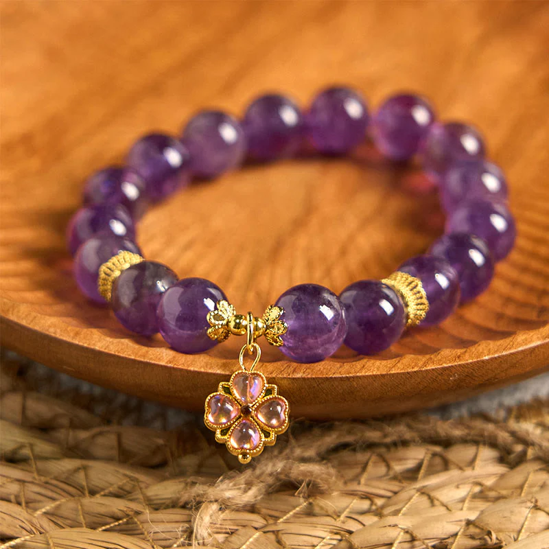 10mm Amethyst Four Leaf Clover Communication Bracelet - Image 2
