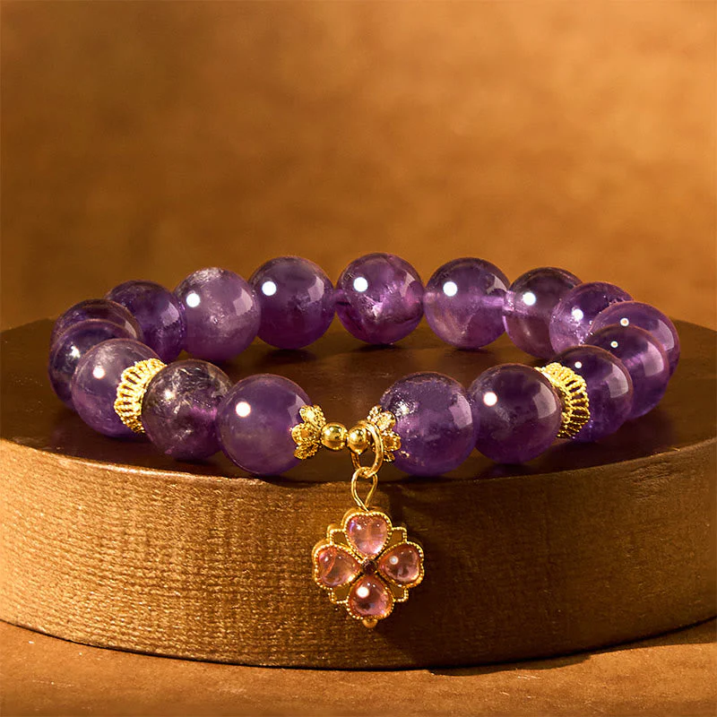 10mm Amethyst Four Leaf Clover Communication Bracelet - Image 3