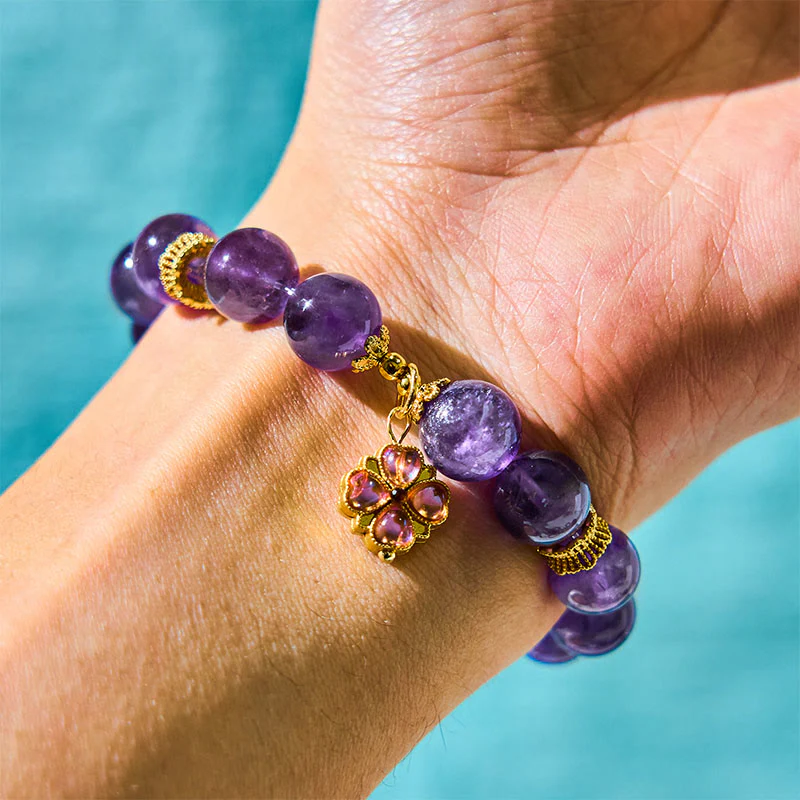 10mm Amethyst Four Leaf Clover Communication Bracelet - Image 6