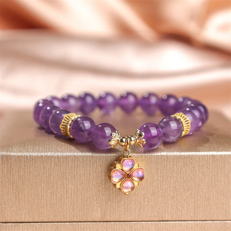 10mm Amethyst Four Leaf Clover Communication Bracelet - Image 7