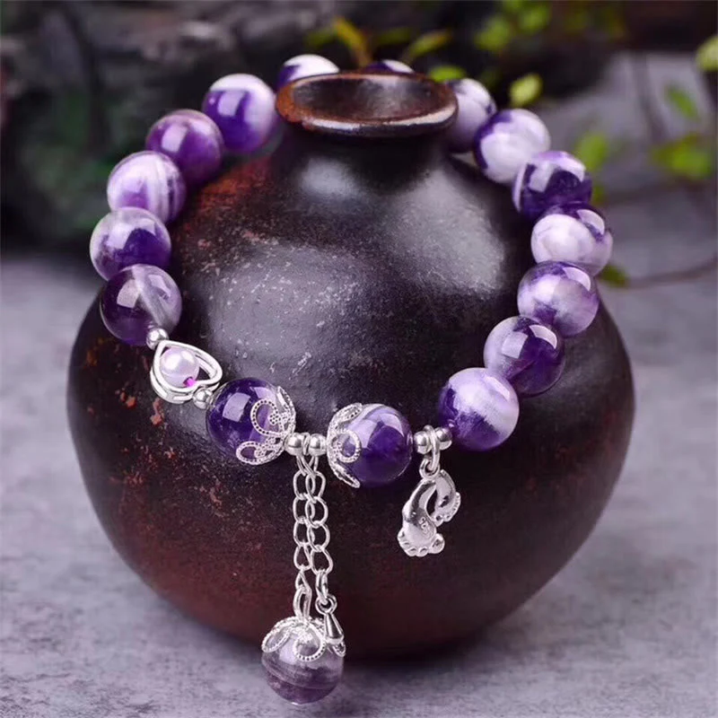 10mm Amethyst Bracelet with Love Heart & Feet Charm - Image 2