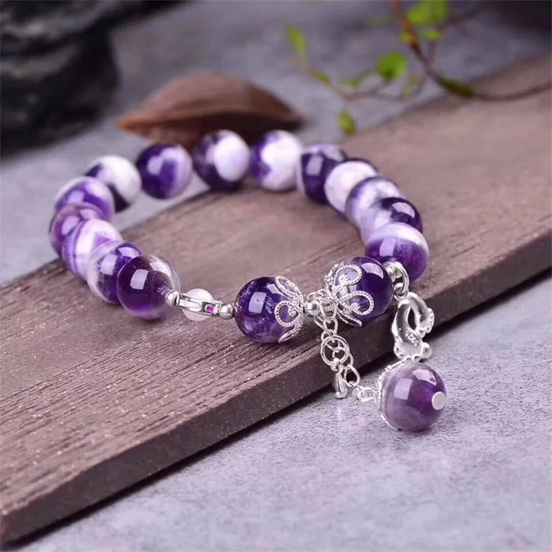 10mm Amethyst Bracelet with Love Heart & Feet Charm - Image 3