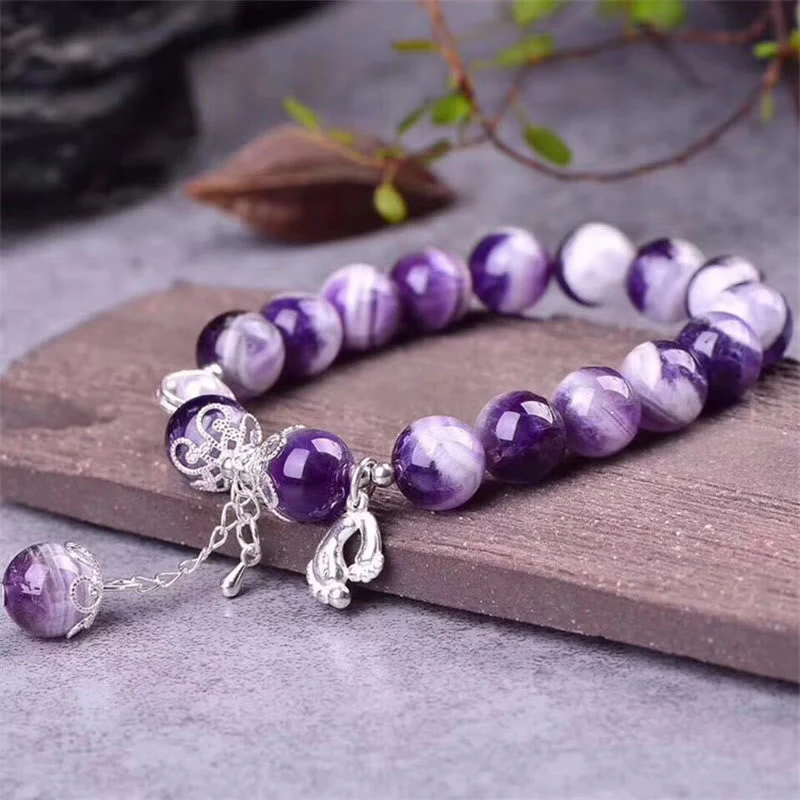 10mm Amethyst Bracelet with Love Heart & Feet Charm - Image 4