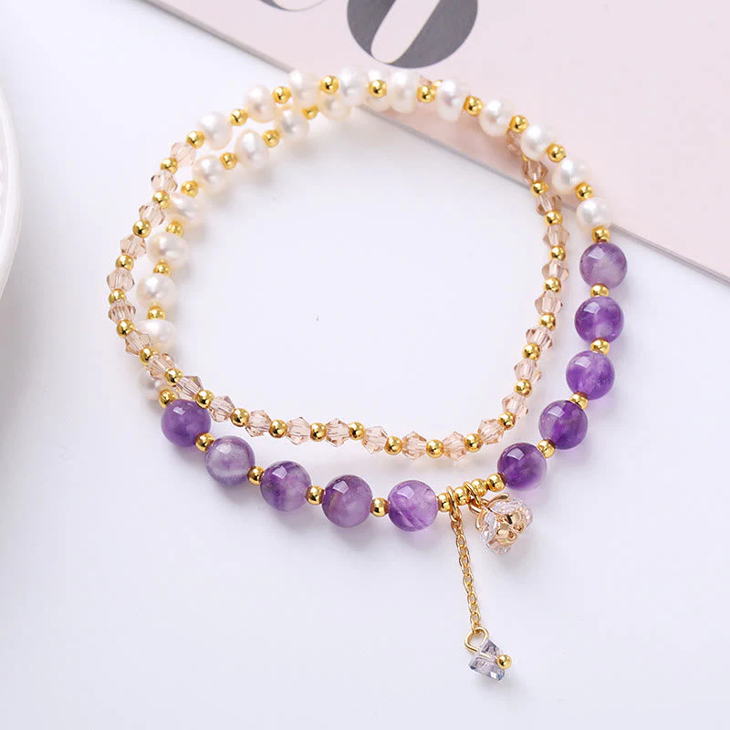 Double Wrap Amethyst Aquamarine Pearl Healing Bracelet - Image 4