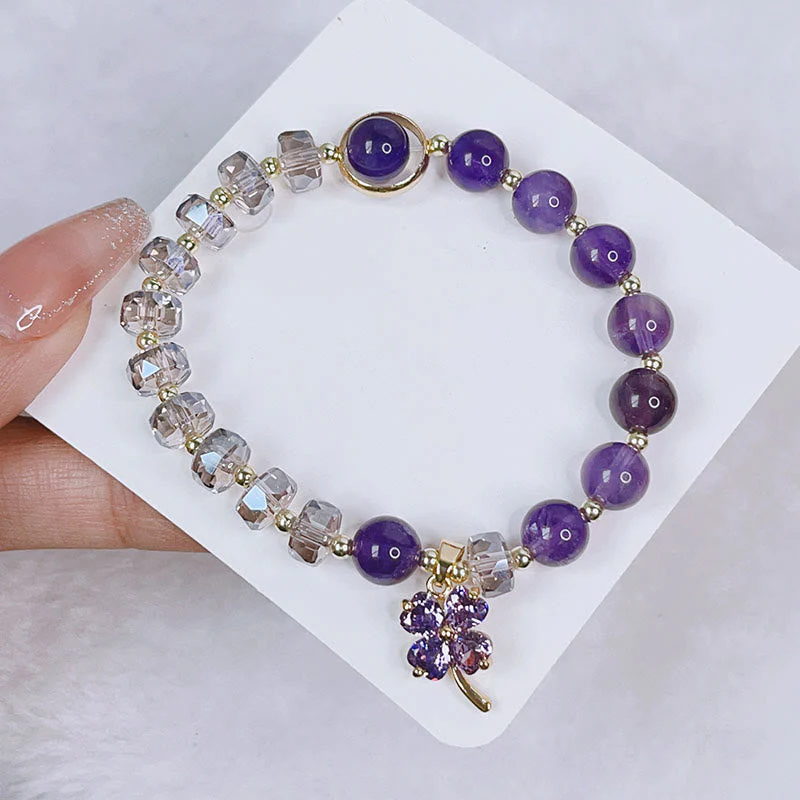 Amethyst Crystal Bracelet with Four Leaf Clover for Healing - Image 3