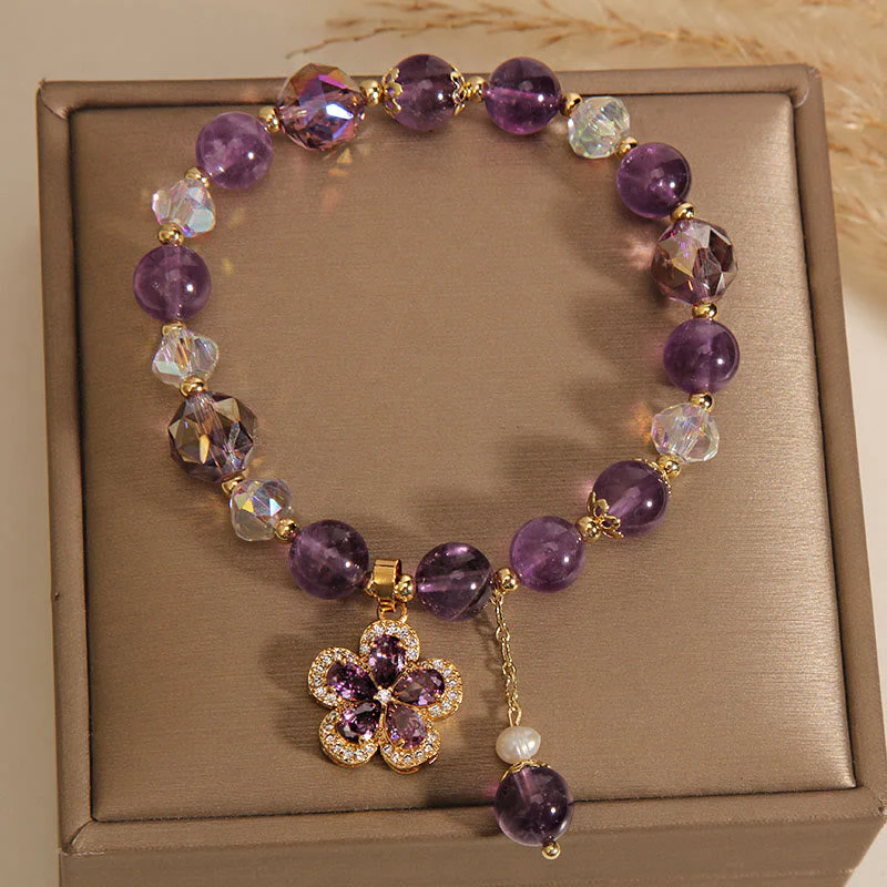 Natural Amethyst Pearl Flower Charm Positive Transformation Bracelet - Image 4