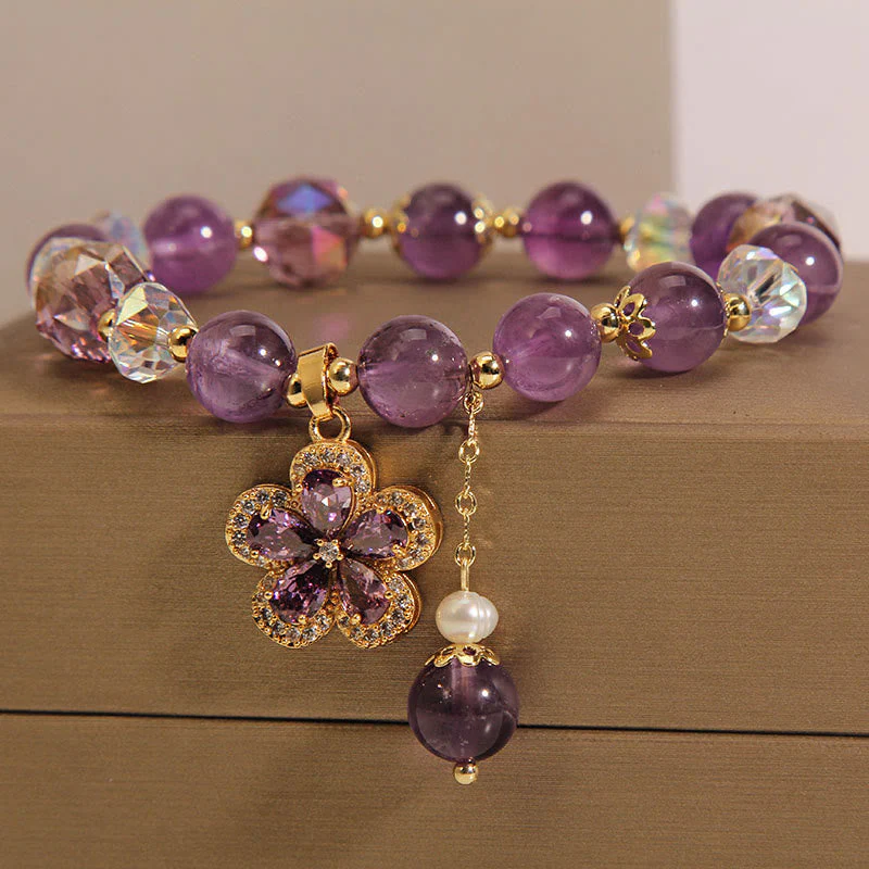 Natural Amethyst Pearl Flower Charm Positive Transformation Bracelet - Image 8