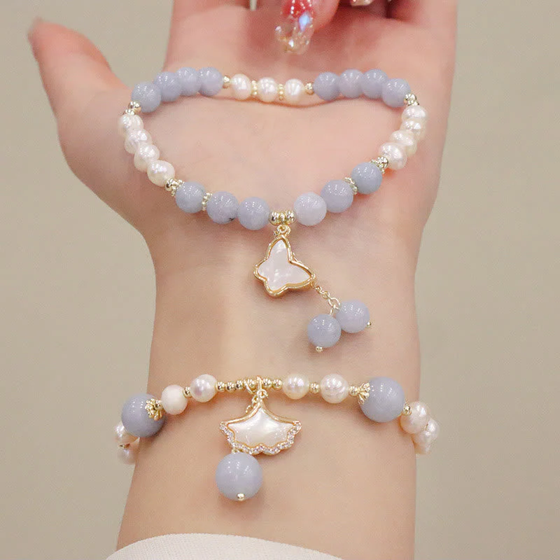 Aquamarine Pearl Healing Bracelet | Ginkgo Leaf & Butterfly Charm