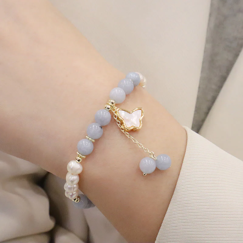 Aquamarine Pearl Healing Bracelet | Ginkgo Leaf & Butterfly Charm - Image 10