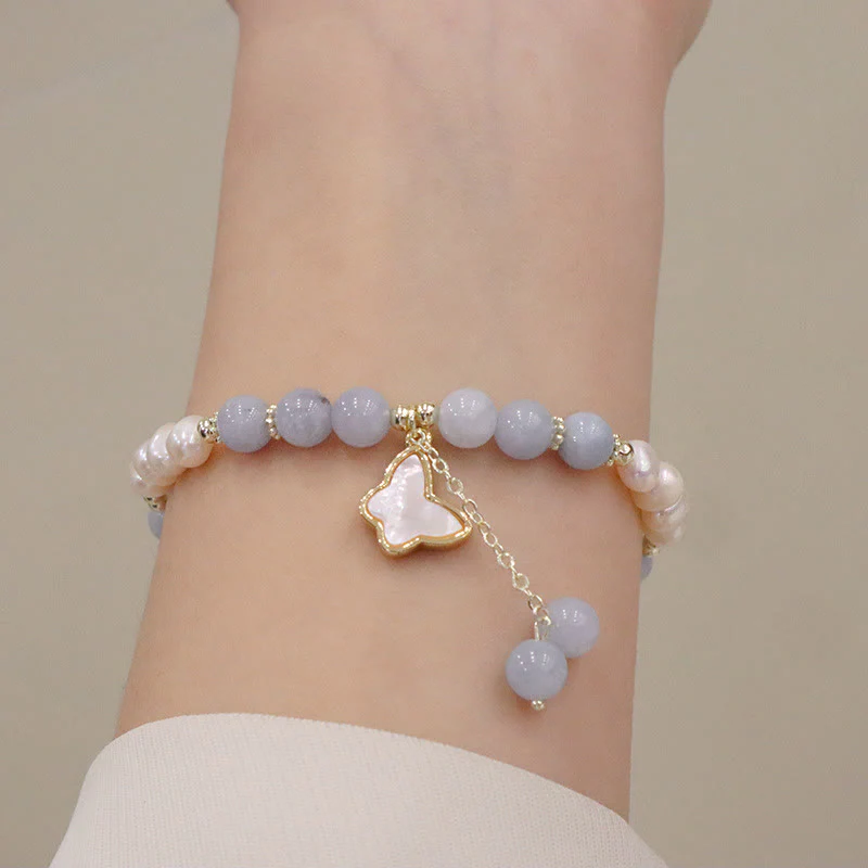 Aquamarine Pearl Healing Bracelet | Ginkgo Leaf & Butterfly Charm - Image 11