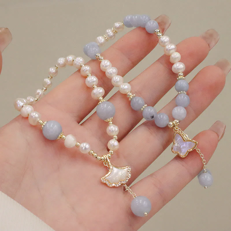 Aquamarine Pearl Healing Bracelet | Ginkgo Leaf & Butterfly Charm - Image 2