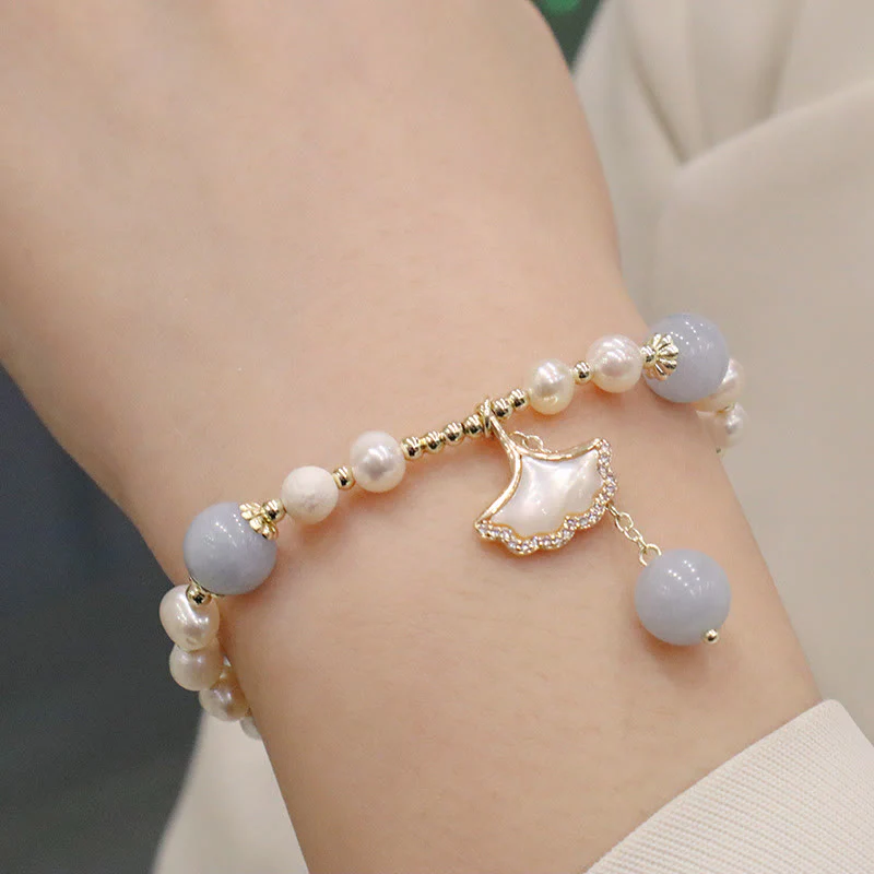 Aquamarine Pearl Healing Bracelet | Ginkgo Leaf & Butterfly Charm - Image 3