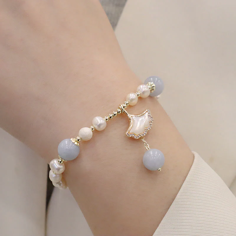Aquamarine Pearl Healing Bracelet | Ginkgo Leaf & Butterfly Charm - Image 4