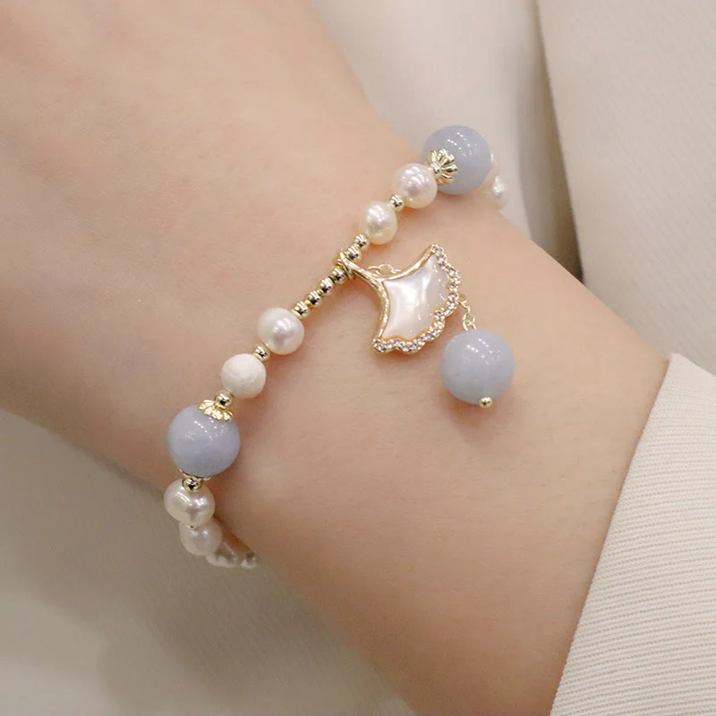 Aquamarine Pearl Healing Bracelet | Ginkgo Leaf & Butterfly Charm - Image 5