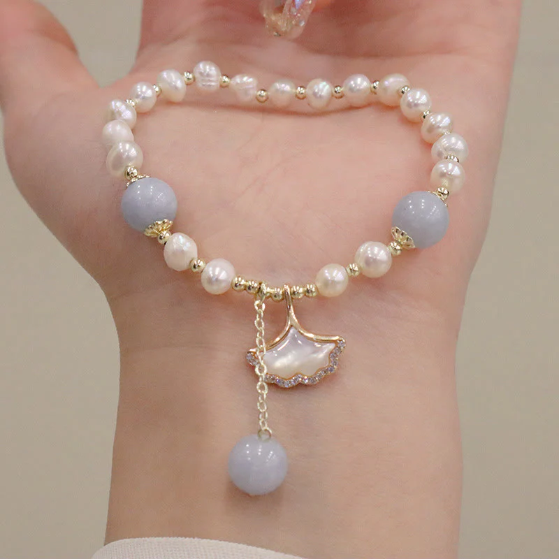 Aquamarine Pearl Healing Bracelet | Ginkgo Leaf & Butterfly Charm - Image 6