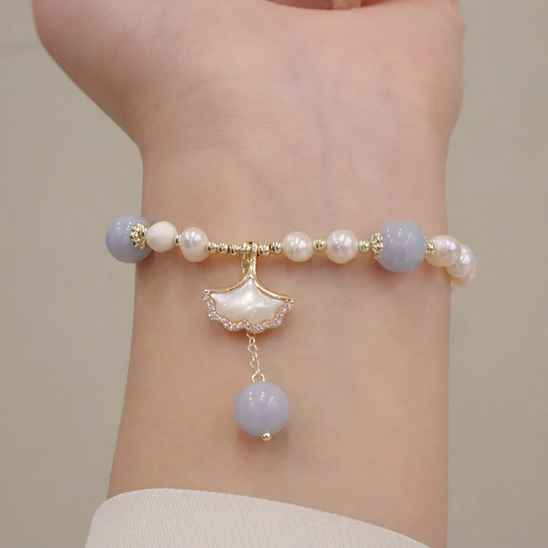 Aquamarine Pearl Healing Bracelet | Ginkgo Leaf & Butterfly Charm - Image 7