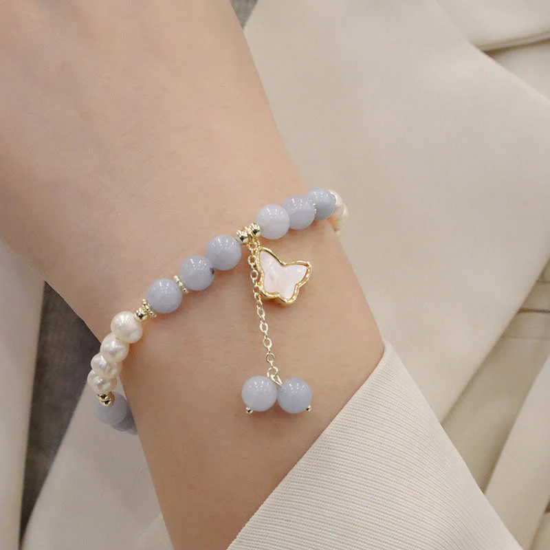 Aquamarine Pearl Healing Bracelet | Ginkgo Leaf & Butterfly Charm - Image 8