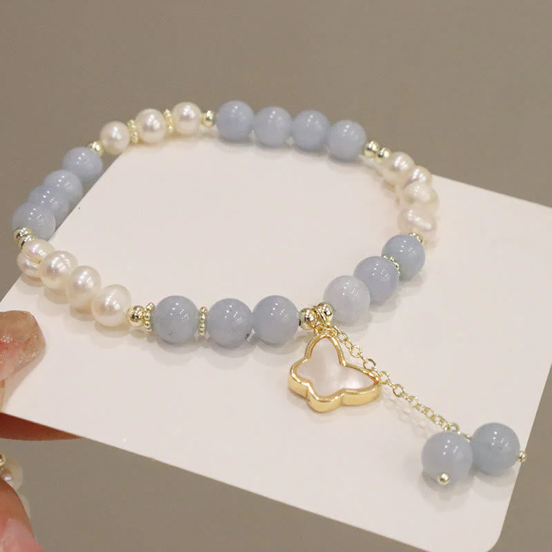 Aquamarine Pearl Healing Bracelet | Ginkgo Leaf & Butterfly Charm - Image 9
