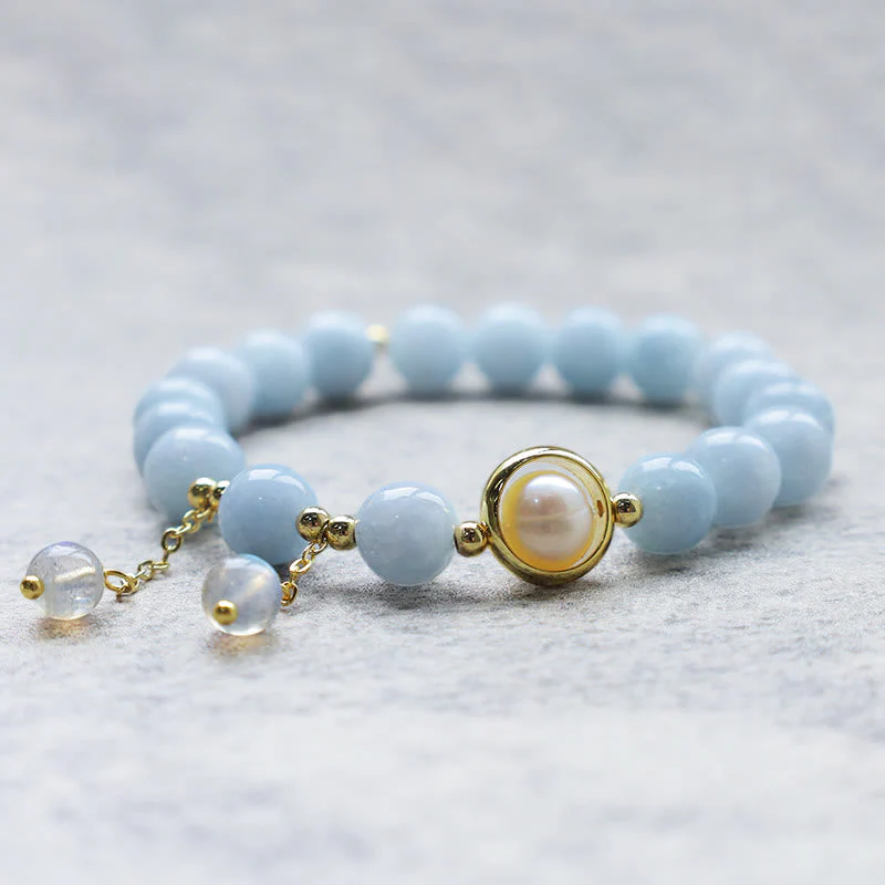8mm Aquamarine Pearl Moonstone Healing Charm Bracelet - Image 3