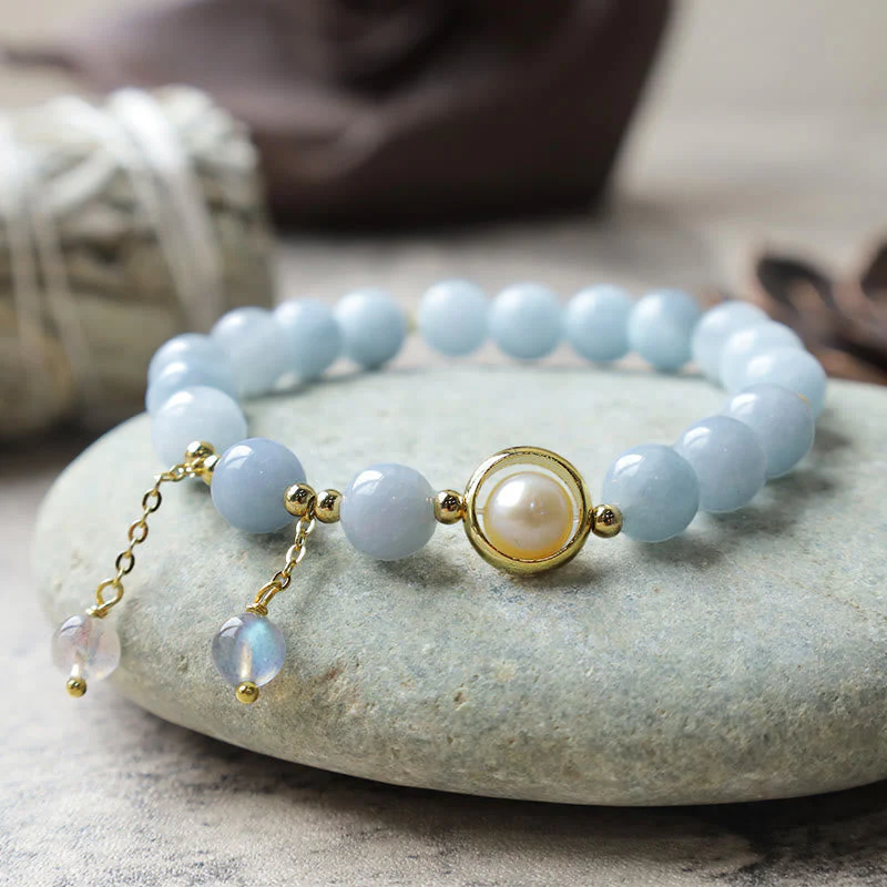8mm Aquamarine Pearl Moonstone Healing Charm Bracelet - Image 5