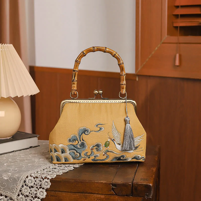 Auspicious Clouds Cranes Embroidery Bamboo Handle Handbag - Image 4