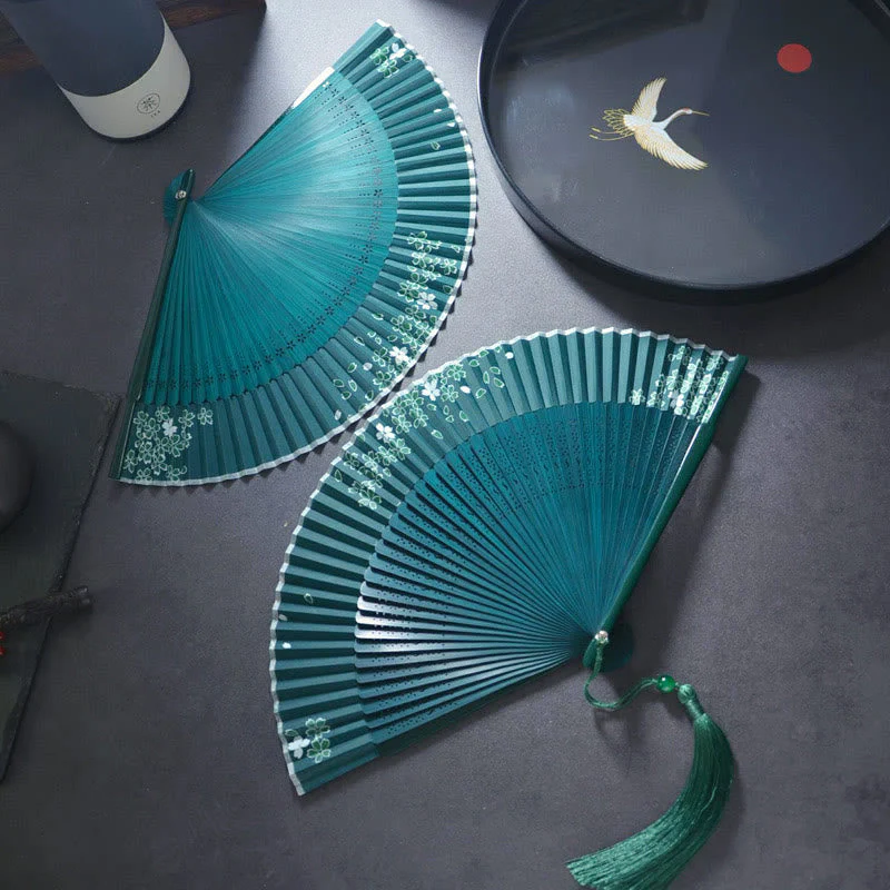 21cm Bamboo Folding Fan with Floral Tassel | Healing Sounds - Image 3