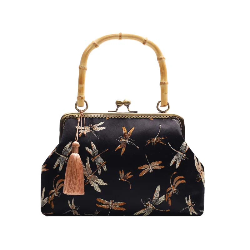 22.5cm Bamboo Handle Handbag | Dragonfly Crane Plum Blossom Leaf - Image 10