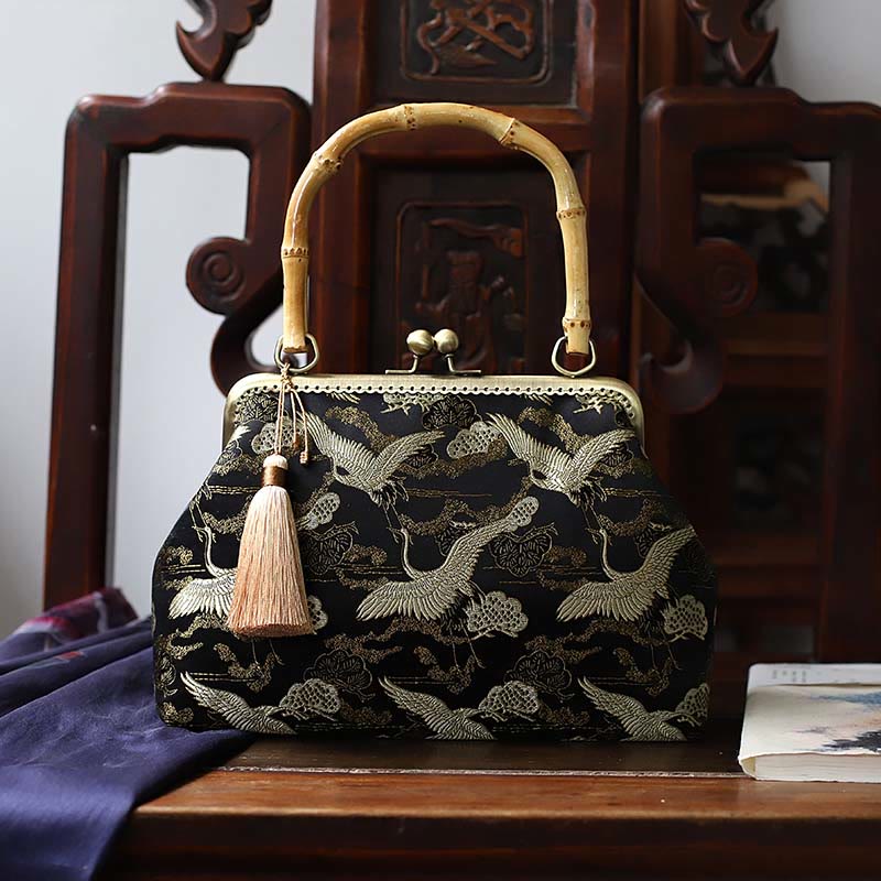 22.5cm Bamboo Handle Handbag | Dragonfly Crane Plum Blossom Leaf - Image 11